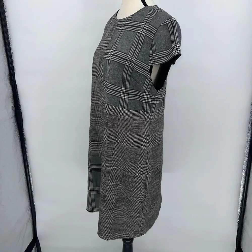 Alice + Olivia Coley Plaid Patchwork Mini Shift Dress Grey Wool Blend Size 12